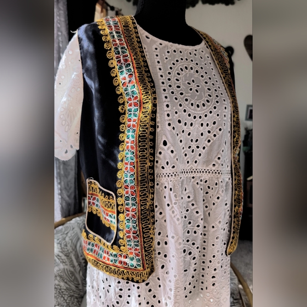 Blue Open-Front Embroidered Vest with Gold Trim